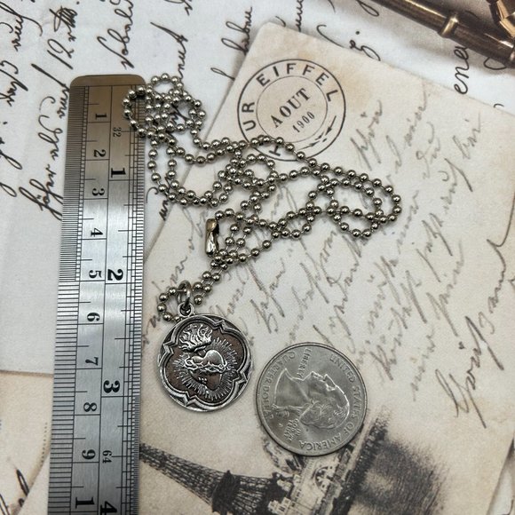 Silver Steel Flaming Sacred Heart Religious Medal Charm Pendant Long Steel Cha… - Picture 6 of 6